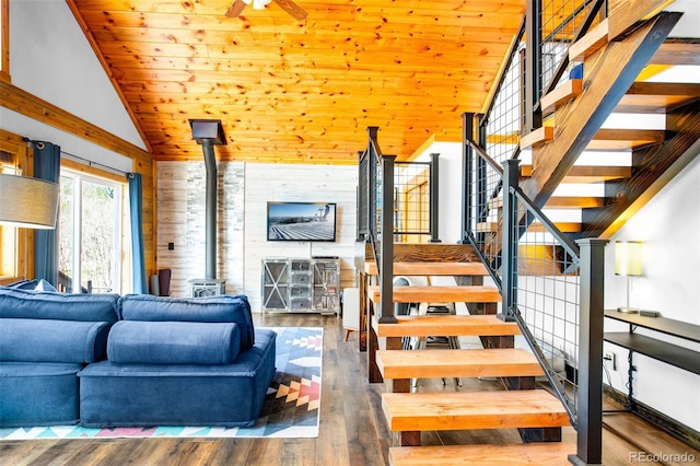 82 Sheep Ridge Rd, Fairplay, CO 80440 - stairs featuring wooden ceiling, a wood stove, wood walls, wood finished floors, and high vaulted ceiling