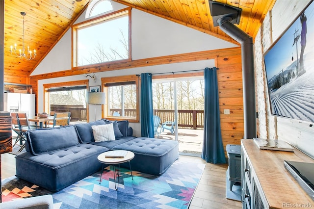 82 Sheep Ridge Rd, Fairplay, CO 80440 - living room with a chandelier, high vaulted ceiling, light wood finished floors, plenty of natural light, and wooden ceiling