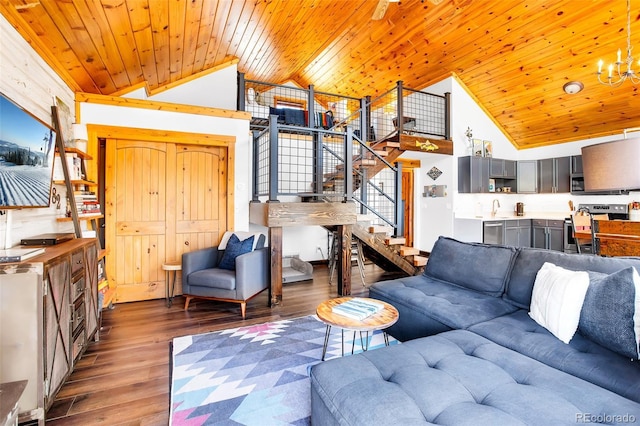 82 Sheep Ridge Rd, Fairplay, CO 80440 - living area with stairway, high vaulted ceiling, wooden ceiling, wood finished floors, and a chandelier
