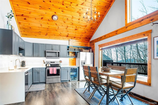 82 Sheep Ridge Rd, Fairplay, CO 80440 - dining space with beverage cooler, wooden ceiling, dark wood-type flooring, high vaulted ceiling, and a chandelier