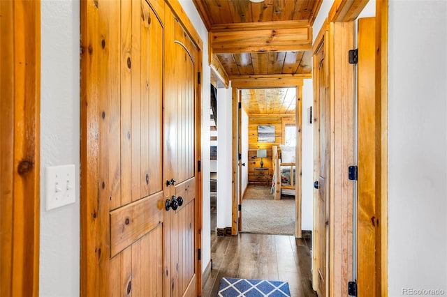 82 Sheep Ridge Rd, Fairplay, CO 80440 - corridor featuring wood ceiling, dark wood finished floors, and wood walls
