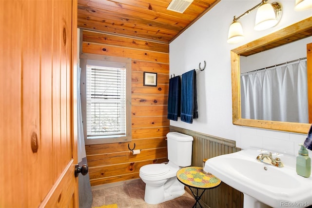 82 Sheep Ridge Rd, Fairplay, CO 80440 - full bath featuring wooden ceiling, toilet, wood walls, a sink, and tile patterned flooring