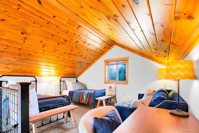 82 Sheep Ridge Rd, Fairplay, CO 80440 - bedroom featuring carpet floors, wooden ceiling, and vaulted ceiling