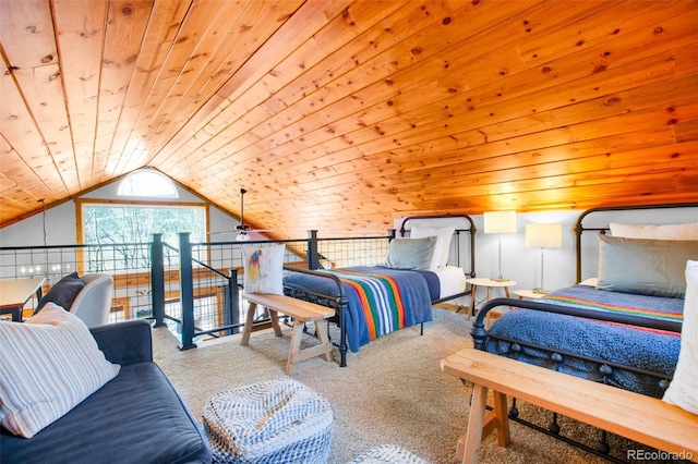 82 Sheep Ridge Rd, Fairplay, CO 80440 - bedroom featuring wooden ceiling, carpet flooring, and vaulted ceiling