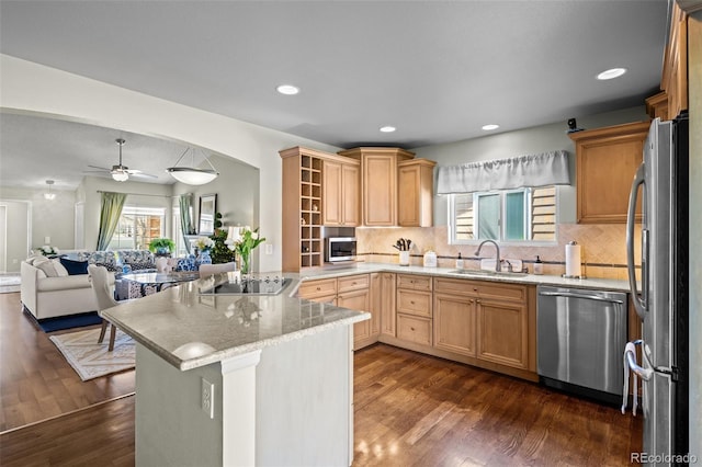 kitchen with appliances with stainless steel finishes, a sink, open floor plan, a peninsula, and dark wood finished floors