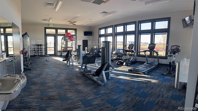 gym with carpet flooring and visible vents