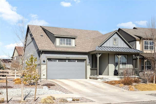 view of front facade featuring covered porch, concrete driveway, board and batten siding, a standing seam roof, and metal roof