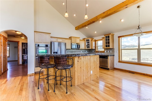 2177 County Road 341, Westcliffe, CO 81252 - kitchen with stainless steel appliances, arched walkways, light wood-style flooring, a center island, and tasteful backsplash