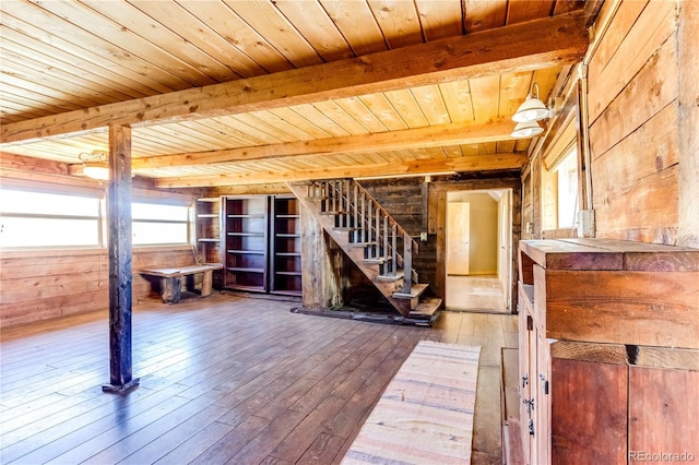 2177 County Road 341, Westcliffe, CO 81252 - misc room with wood ceiling, wood walls, hardwood / wood-style floors, beamed ceiling, and stairway