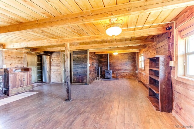 2177 County Road 341, Westcliffe, CO 81252 - unfurnished living room with wood ceiling, a wood stove, wood walls, wood-type flooring, and beam ceiling
