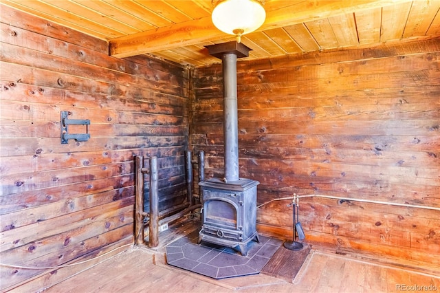 2177 County Road 341, Westcliffe, CO 81252 - detailed view of wood ceiling, a wood stove, wood walls, beamed ceiling, and wood finished floors