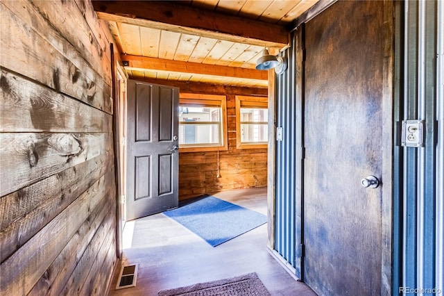 2177 County Road 341, Westcliffe, CO 81252 - hall featuring wood walls, wood ceiling, wood finished floors, and beamed ceiling