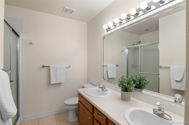 bathroom with tile patterned flooring, visible vents, a sink, and a shower stall