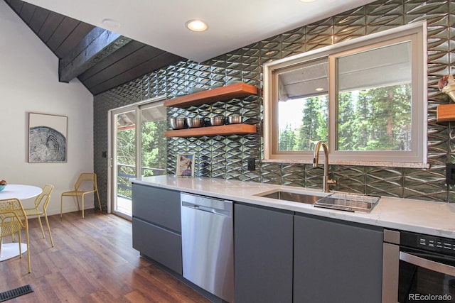135 Nugget Ln, Alma, CO 80420 - kitchen featuring stainless steel dishwasher, open shelves, dark wood finished floors, decorative backsplash, and gray cabinets