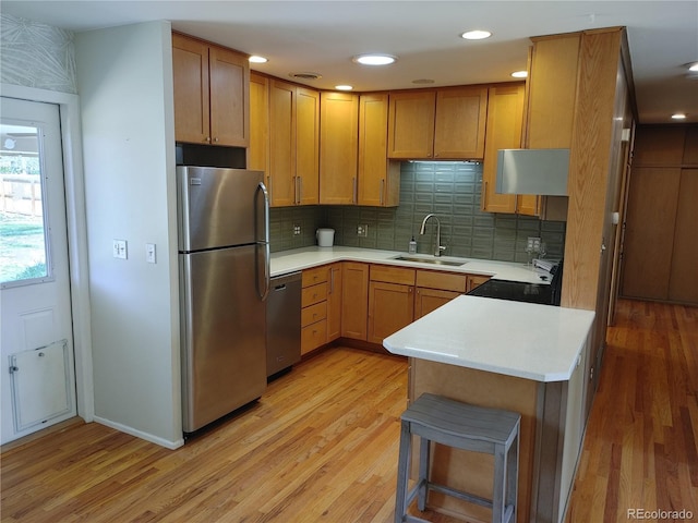 kitchen featuring light countertops, appliances with stainless steel finishes, a sink, and light wood-style floors