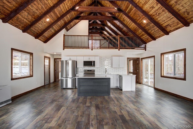 kitchen with wood ceiling, dark wood-style flooring, a center island, stainless steel appliances, and light countertops