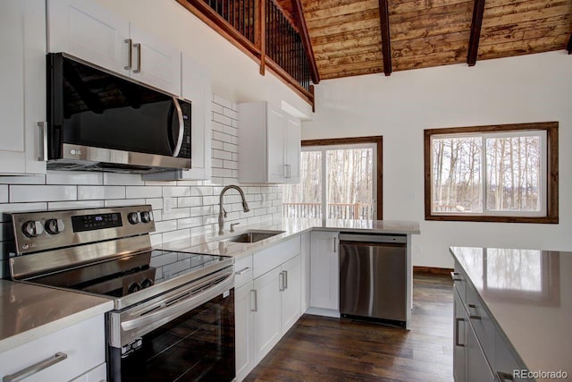 kitchen with decorative backsplash, wood ceiling, appliances with stainless steel finishes, dark wood-style flooring, and a sink