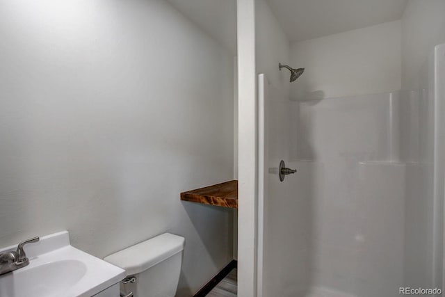 full bath featuring vanity, walk in shower, and toilet