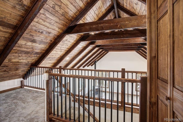 additional living space featuring carpet, wood ceiling, and vaulted ceiling with beams