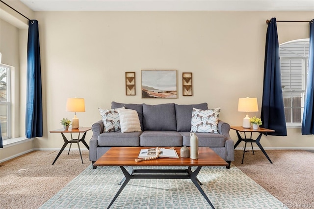 living area featuring baseboards and carpet floors