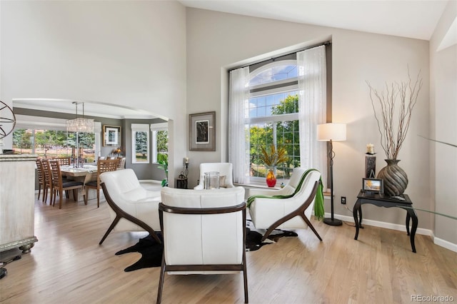 living area with a wealth of natural light, high vaulted ceiling, and light wood-type flooring