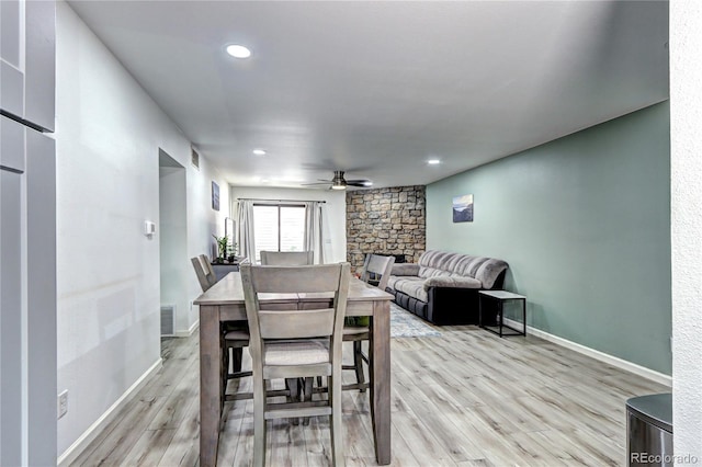 420 Wright St Unit 101, Lakewood, CO 80228 - dining room with a ceiling fan, light wood-style floors, a fireplace, and recessed lighting
