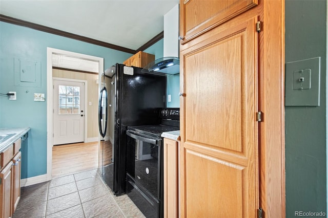 kitchen featuring black range with electric cooktop, ornamental molding, baseboards, and exhaust hood