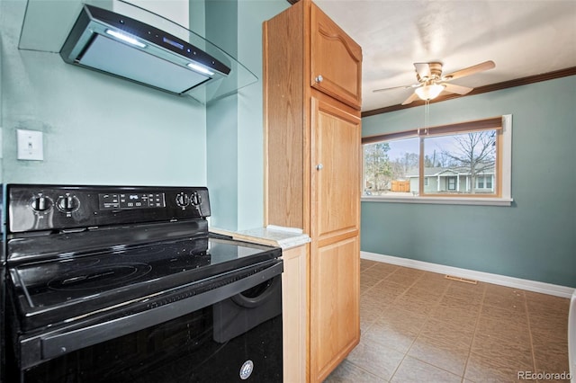 kitchen featuring black / electric stove, light countertops, visible vents, ventilation hood, and baseboards