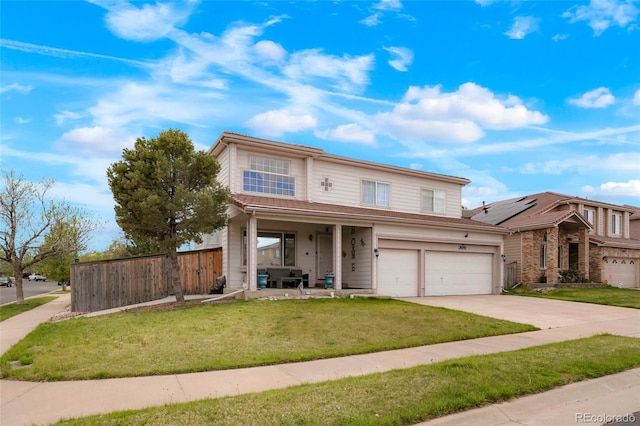 20292 E 47th Ave, Denver, CO 80249 - traditional home featuring fence, an attached garage, a front yard, covered porch, and driveway