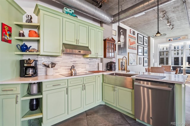 kitchen featuring tasteful backsplash, dishwasher, sink, hanging light fixtures, and green cabinetry