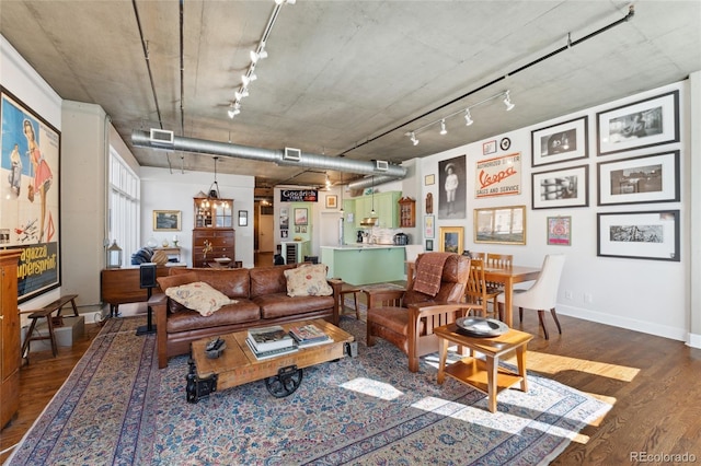 living room with wood-type flooring and track lighting