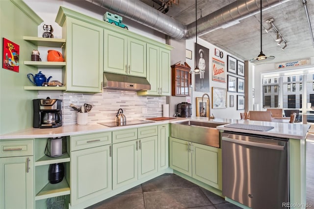 kitchen with open shelves, green cabinets, and dishwasher