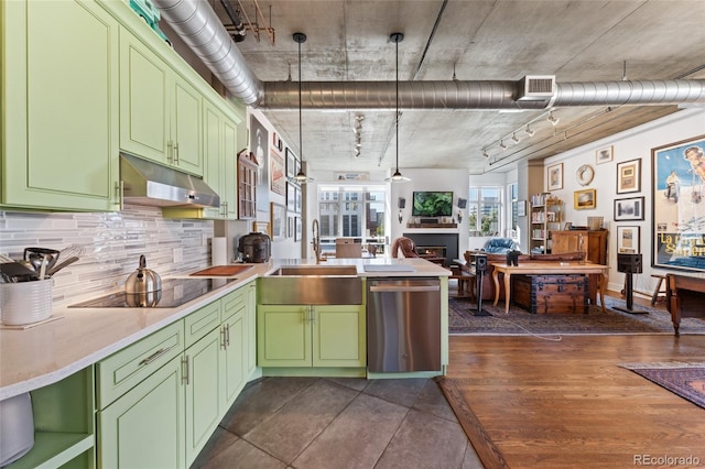 kitchen with stainless steel dishwasher, black electric stovetop, under cabinet range hood, a sink, and green cabinets