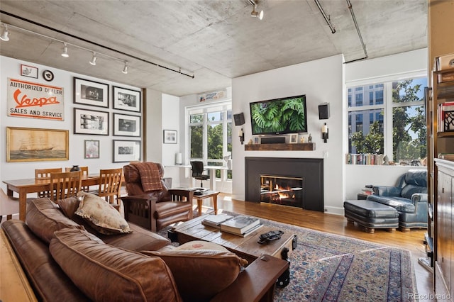 290 W 12th Ave Unit 303, Denver, CO 80204 - living area featuring track lighting, baseboards, a glass covered fireplace, and wood finished floors