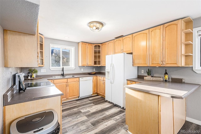 kitchen with hardwood / wood-style flooring, white appliances, light brown cabinetry, and sink