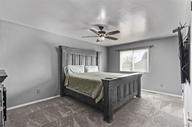 bedroom featuring carpet floors, visible vents, ceiling fan, and baseboards