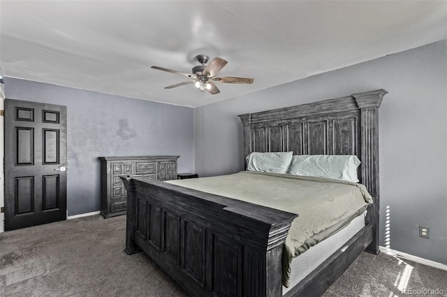 bedroom featuring carpet floors, a ceiling fan, and baseboards