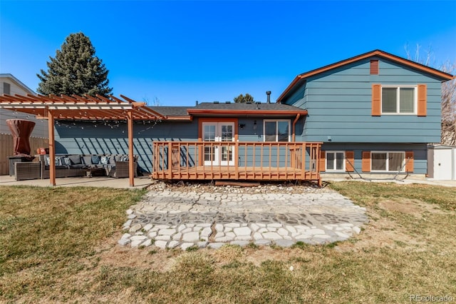 back of house with an outdoor living space, a yard, french doors, a wooden deck, and a pergola