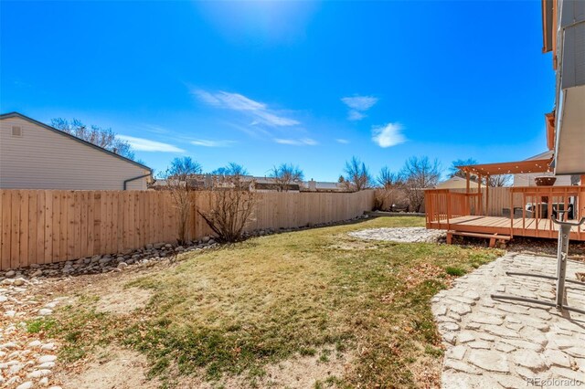 view of yard featuring a fenced backyard and a wooden deck