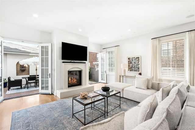 1164 S High St, Denver, CO 80210 - living area featuring wood finished floors, a glass covered fireplace, and recessed lighting