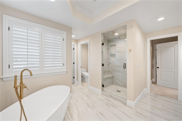 1164 S High St, Denver, CO 80210 - bathroom featuring a marble finish shower, a soaking tub, marble look tile flooring, recessed lighting, and crown molding