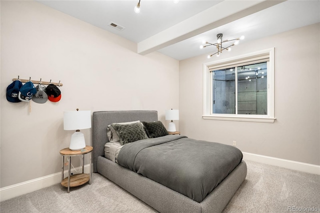 1164 S High St, Denver, CO 80210 - bedroom featuring carpet, a chandelier, and beamed ceiling