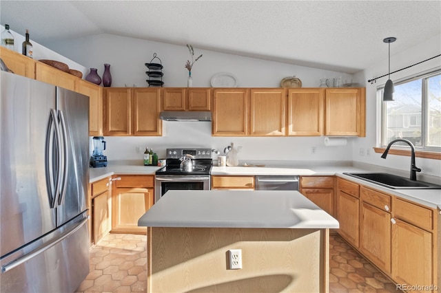 4363 E Andover Ave, Castle Rock, CO 80104 - kitchen featuring appliances with stainless steel finishes, lofted ceiling, light countertops, under cabinet range hood, and hanging light fixtures