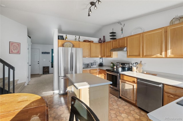 4363 E Andover Ave, Castle Rock, CO 80104 - kitchen featuring stainless steel appliances, under cabinet range hood, vaulted ceiling, light countertops, and a center island