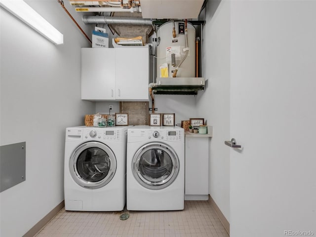 1449 Wynkoop St Unit 305, Denver, CO 80202 - laundry room featuring cabinet space, washer and clothes dryer, baseboards, and water heater