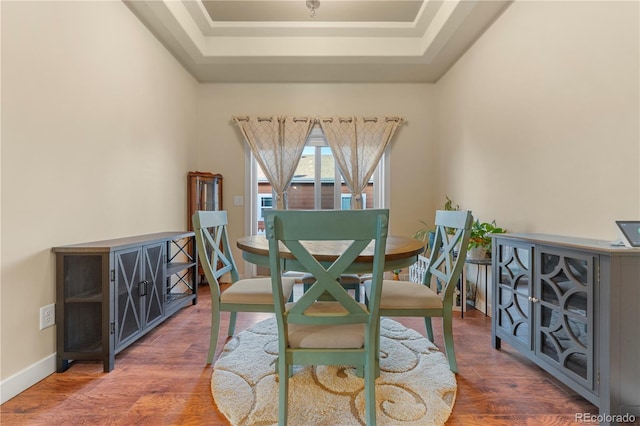 dining room with a raised ceiling and hardwood / wood-style floors