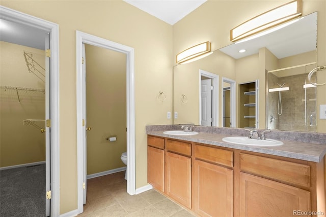 bathroom with toilet, a shower stall, double vanity, and a sink