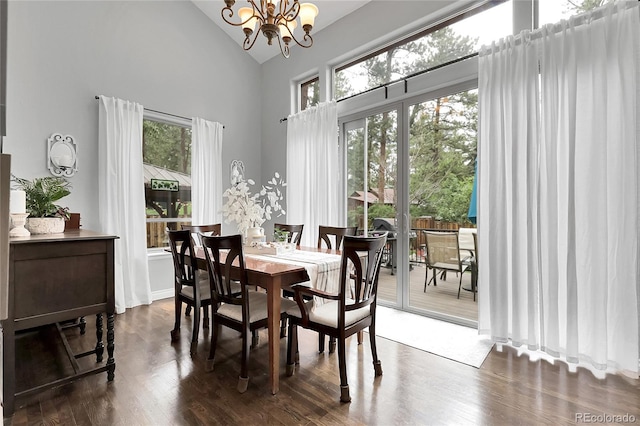 171 Columbine St, Larkspur, CO 80118 - dining space featuring high vaulted ceiling, a chandelier, plenty of natural light, and dark wood-style floors