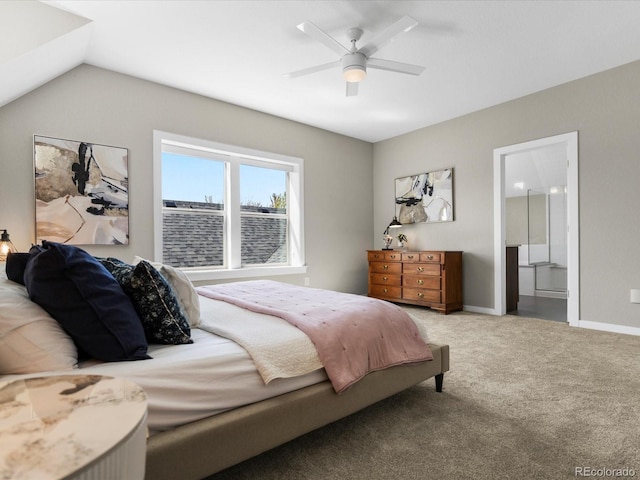 5511 Wabash St, Denver, CO 80238 - bedroom with light carpet, ensuite bathroom, ceiling fan, vaulted ceiling, and baseboards