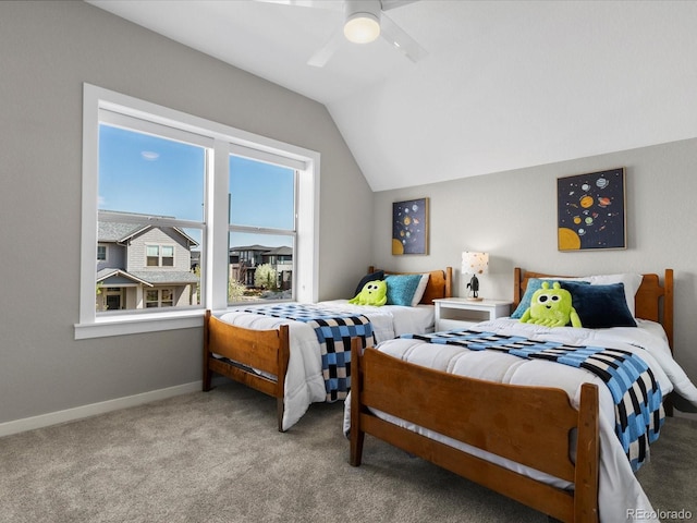 5511 Wabash St, Denver, CO 80238 - carpeted bedroom with vaulted ceiling, baseboards, and a ceiling fan